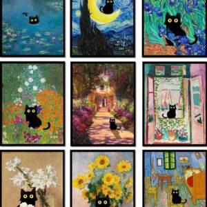 9Pcs Funny Black Cat Wall Art Cats in Famous Paintings Posters